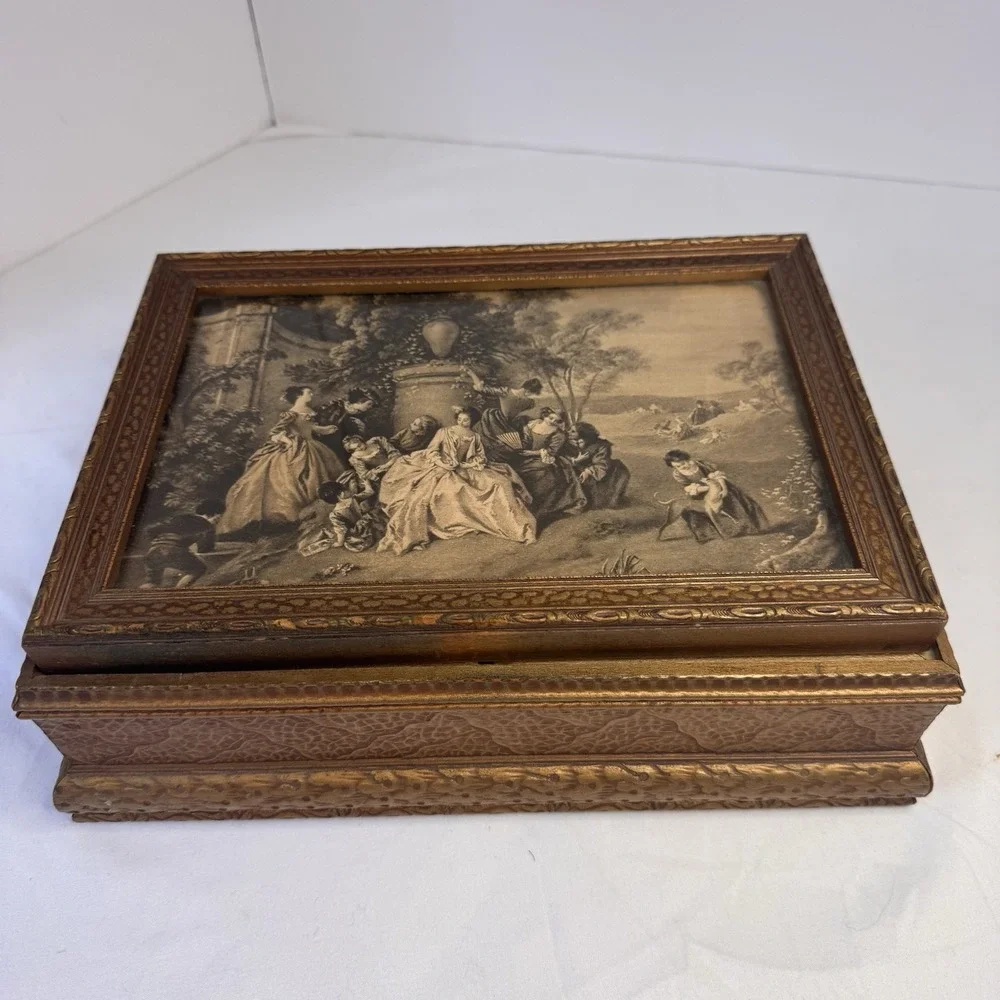Antique Vintage Jewelry Dresser Parlor Box Victorian Ladies Scene‎ Lid Mirror